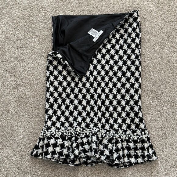 I.C.E Houndstooth Fishtail Skirt Black White Beaded Pearl Trim Lined Y2K Size 8 - Picture 4 of 8